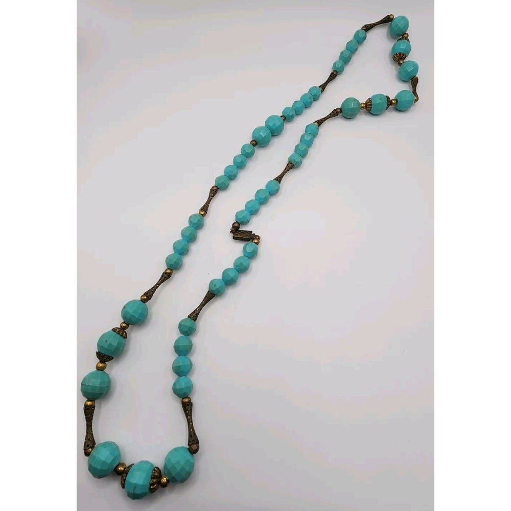 Vintage Teal Blue Flapper Style Chunky Faceted Plastic Brass Bead Retro Necklace